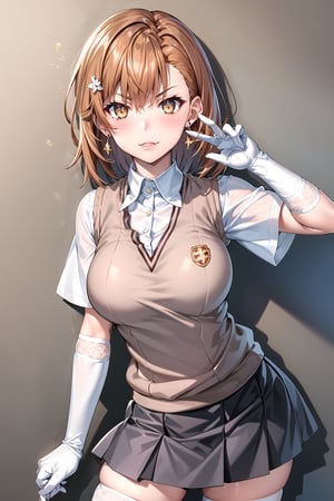 ((best quality)),  ((highly detailed)),  masterpiece,1girl, ((closed_mouth, sparkling_eyes, smug, shaded_face)),(large breasts), tokiwadai school uniform, sweater vest, short sleeves, (](white gloves, elbow gloves)), pleated skirt, white thighhighs ,1girl, lips:1.2, makeup:1.2, ((gyaru)) ,jewelry, blush, earrings, looking at viewer, standing, cowboy shot, red hair, school, short hair, aamikoto ,hmmisaki,hypnoCollar,V-shaped eyebrows, 1girl