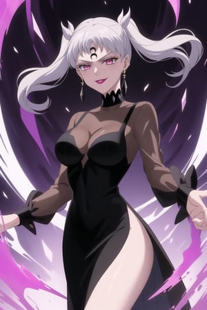 (best quality), (highly detailed), masterpiece, (official art), (noelle_silva,silver hair,twintails,bangs,jewelry), makeup, ((forehead mark, crescent facial mark, black crystal earrings)), aged up, evil smile, lips, lipstick, posing, anime coloring, ((black dress, long sleeves, see-through)), pink dress, side slit, A dark and mysterious female character inspired by the style of classic anime. She has an evil face with an evil smile, giving her an imposing and intimidating presence. The overall atmosphere is dark and mysterious, with a sense of power and control emanating from her posture.,