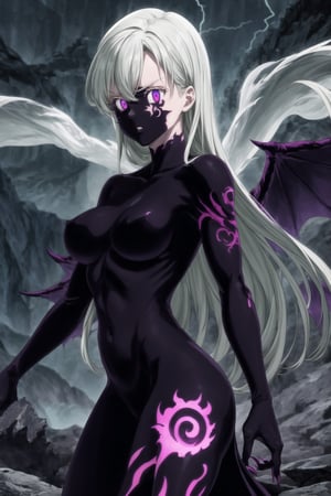 (tattoo,facial mark,aura,glowing,bodypaint,smoke,dark aura:1.2),1girl,long hair,medium breasts,black hair,angry,purple eyes,wings,claws,looking at viewer,nude,censored,armor,convenient censoring,Elizabeth, black hair, lips, ruler of hell, stands as a malevolent dictator, her long hair flowing like darkness itself, gradient from white to dark, framing her cold gaze. Her elaborate gown, adorned with sinister symbols and glowing red accents, reflects her dominance and cruelty. The background features a hellish landscape: rivers of lava, jagged rocks, tormented souls, and dark clouds with lightning. Eerie, red and black glows illuminate the scene, capturing the dark and oppressive atmosphere of her dominion.