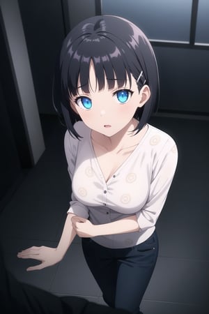 ((best quality)),  masterpiece, dynamic angle, (microchip), suguha, Bob cut, short hair, black hair, hair clip,  Anime illustration, close-up of a woman, standing, completely hypnotized, in a trance. Wearing a casual outfit with a white blouse and blue jeans, eyes wide open with swirling patterns, expression blank and unresponsive, arms hanging limply at her sides. Background is a dark room with a glowing, spiraling hypnotic pattern on a large screen behind her, casting an eerie light. The room is dimly lit with shadows, creating a mysterious and unsettling atmosphere. Subtle fog effects on the floor, adding to the surreal ambiance.