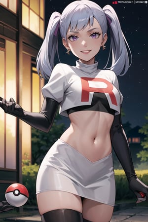 (best quality), (highly detailed), masterpiece, (official art), noelle_silva, silver hair,purple eyes, twintails, bangs, earrings, jewelry, poke ball, poke ball (basic), holding poke ball, posing, lips, ( evil smile), , Team Rocket, cropped jacket, white jacket, crop top, jacket, gloves, black gloves, elbow gloves, navel, midriff, white skirt, miniskirt, skirt, thighhighs,, looking at viewer, china, asiática, city, night, sky, (intricately detailed, hyperdetailed), blurry background,depth of field, best quality, masterpiece, intricate details, tonemapping, sharp focus, hyper detailed, trending on Artstation,1 girl, high res, official art