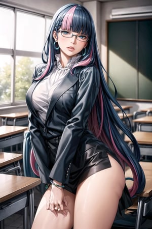 ((best quality)),  ((highly detailed)),  masterpiece,  ((official art)), (eida, long hair, bangs, blue eyes, very long hair, blue hair, pink hair, multicolored hair, earrings, blunt bangs, two-tone hair, streaked hair, ,glasses),lips,  figure, ,(office), suit blazer, no shirt underneath,  in a classroom building, bracelet, parted lips,  indoors, intricately detailed, hyperdetailed, blurry background, depth of field, best quality, masterpiece, intricate details, tonemapping, sharp focus, hyper detailed, trending on Artstation, 1 girl, high res, official art