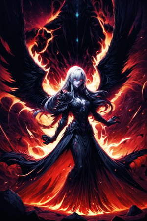 Elizabeth, white hair,hair_over_eye ,lips, ruler of hell, black wings,darkness wings,wings,demon wings,stands as a malevolent dictator, her long hair flowing like darkness itself, gradient from white to dark, framing her cold gaze. Her elaborate gown, adorned with sinister symbols and glowing red accents, reflects her dominance and cruelty. The background features a hellish landscape: rivers of lava, jagged rocks, tormented souls, and dark clouds with lightning. Eerie, red and black glows illuminate the scene, capturing the dark and oppressive atmosphere of her dominion.,shadow