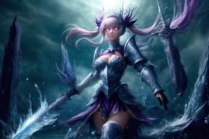 GFX wallpaper featuring Noelle Silva as a Valkyrie, with twintailed silver hair and shimmering water armor that appears both solid and liquid. The scene is illuminated by a radiant sword in her hand, casting light across the battlefield. Her wings, crafted from water, sparkle as if catching the light of a distant sun, and her purple eyes glow intensely. Water splashes around her armor, and energy beams shoot through the background. Her armored dress is detailed with intricate runes and silver accents, all glimmering as if imbued with magic. The background shows crashing waves, with water particles frozen mid-air, glowing in vibrant blue, violet, and white hues., glowing eyes