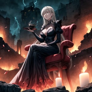  Elizabeth, black hair, lips, ruler of hell, stands as a malevolent dictator, her long hair flowing like darkness itself, gradient from white to dark, framing her cold gaze. Her elaborate gown, adorned with sinister symbols and glowing red accents, reflects her dominance and cruelty. The background features a hellish landscape: rivers of lava, jagged rocks, tormented souls, and dark clouds with lightning. Eerie, red and black glows illuminate the scene, capturing the dark and oppressive atmosphere of her dominion.

Anime illustration of Elizabeth, transformed into the corrupted ruler of Hell, sitting on a luxurious golden throne on a grand balcony. Her long hair flows from a gradient of white to black, symbolizing her descent into darkness, and her once green eyes now glow with a menacing red hue. She wears an elaborate black and red gown adorned with sinister symbols and glowing red accents, reflecting her dominance and cruelty.

Elizabeth's expression is cold and devoid of emotion as she holds a delicate porcelain teacup with her right hand, her left finger placed on her lips in a gesture of silence. Her gaze is fixed on the scene before her, a hellish landscape of a city engulfed in flames. Tall buildings and ancient architecture are crumbling and burning, casting an orange and red glow across the sky, creating a dramatic and chaotic atmosphere.

The balcony is decorated with large vases overflowing with vibrant red roses, some petals gently falling in the foreground, adding a touch of morbid beauty to the scene. The setting sun enhances the fiery ambiance, casting long shadows and illuminating the destruction.

On the table beside her, there are various elegant tea sets and a candlestick with lit candles, adding a warm light to the dark setting. Rivers of lava flow through the city, jagged rocks protrude from the ground, and tormented souls can be seen in the distance. Dark clouds swirl above with lightning illuminating the oppressive atmosphere of her dominion.