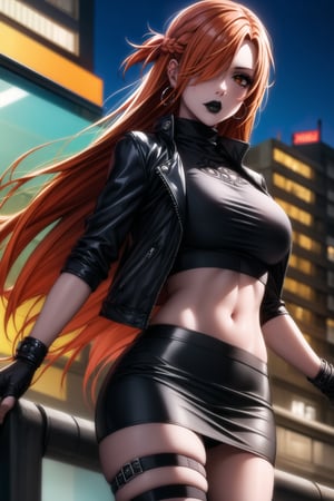 ((best quality)), ((highly detailed)), masterpiece, ((official art)), detailed face, beautiful face, (detailed eyes, deep eyes), seductive posing, (cowboy shot),aaasuna, long hair, brown hair,braid, brown eyes,  (sexy:1.3),  (long straight red hair, orange hair, long straight hair, hair covering one eye:1.3), (makeup, black lips:1.3),( pale white skin, very white skin, goth, long eyelashes), tattoo:1.2, medium to big breasts, black gloves, black jacket:1.2, black skirt:1.2, closed mouth, cowboy shot, ((turtleneck, black crop top)), hoop earrings, fingerless gloves, gloves, highres, black leather jacket, jewelry, , midriff, miniskirt, navel, pencil skirt, skirt, solo, standing, stomach, striped, striped bow, thigh strap, city street, nighttime, intricately detailed, hyperdetailed, blurry background, depth of field, best quality, masterpiece, intricate details, tonemapping, sharp focus, hyper detailed, trending on Artstation, 1 girl, high res, official art,asuna yuuki