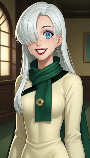 score_9, score_8_up, score_7_up, intricate details,1girl, elizabeth, long hair, white hair,hair over one eye, blue eyes, red lips, indoors,joo dee, dress, scarf, hair ornament, grin, smile, lips, joo dee,  full body,long dress, green scarf, beige dress, teeth,makeup,wide-eyes, eyeshadow,