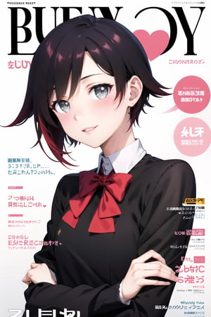 masterpiece, best quality, highres, ((ruby rose)),magazine cover, 1girl, looking at viewer, smile, (upper body), magazine cover, 1girl, looking at viewer, blush,  shirt, long sleeves, white background, dress, school uniform, heart,  parted lips, multiple boys, artist name, 2boys, black dress, string, string of fate, academy school uniform, 