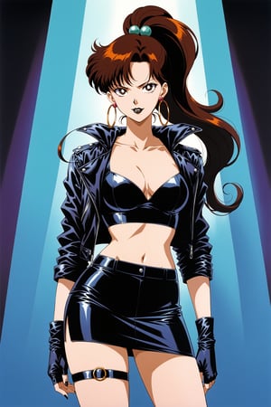 (masterpiece, best quality, very aesthetic, ultra detailed), lips, black lips:1.2, evil smile, evil, villain, corrupted, dark persona,intricate details, 4k, aajupiter, long hair, brown hair, ponytail, hair bobbles,, black gloves, black jacket:1.2, black skirt:1.2, breasts, cleavage, closed mouth, collarbone, cowboy shot, ((black crop top)), hoop earrings, fingerless gloves, gloves, highres, black leather jacket, jewelry, , medium breasts, midriff, miniskirt, navel, pencil skirt, skirt, solo, standing, stomach, striped, striped bow, thigh strap,((retro anime style, detailed retro anime)),  