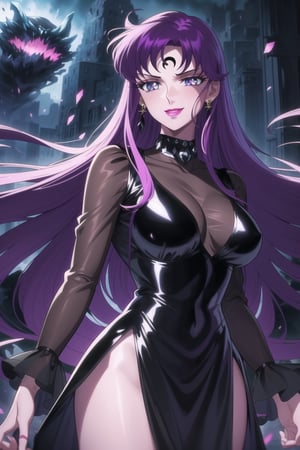 (best quality), (highly detailed), masterpiece, (official art), Saori Kido, long hair, purple hair, purple eyes, makeup, ((forehead mark, crescent facial mark, black crystal earrings)), aged up, evil smile, lips, lipstick, posing, anime coloring, ((black dress, long sleeves, see-through)), pink dress, side slit, A dark and mysterious female character inspired by the style of classic anime. She has an evil face with an evil smile, giving her an imposing and intimidating presence. The overall atmosphere is dark and mysterious, with a sense of power and control emanating from her posture.,