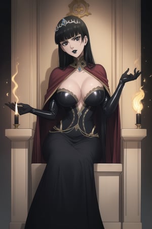 (best quality), (highly detailed), masterpiece, (official art), (Elizabeth, black hair, blunt bangs, long hair):1.2, facial mark, black lips:1.4, makeup:1.2, black eyes:1.2, black latex royal gown with intricate designs, high collar, flowing latex cape, black latex gloves, crystal tiara, sitting on a dark, gothic throne in a demon kingdom’s castle, surrounded by torches and ancient stone walls, her gaze cold and commanding, solo female, large breasts, full-body shot, looking at viewer, perfect face, realistic body, high-definition quality, regal and menacing, demon princess, b1mb0,