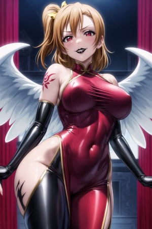 (best quality), (highly detailed), masterpiece, (official art),( honoka kousaka:1.2), (( seductive smile, evil smile,  smirk, white hair, white hair,bodysuit, covered navel, skin tight, black bodysuit, pubic tattoo, corruption)),sword, holding weapon, holding sword,fantasy, fairy wings, red wings,,lips:1.3, huge brest,  ((makeup,lipstick, black lips:1.2)),(((white hair, red dress, red eyes,red china dress))), ((bare shoulder,sleeveless,latex,bodysuit)),,looking at viewer, china, asiática, city, night, sky, (intricately detailed, hyperdetailed), blurry background,depth of field, best quality, masterpiece, intricate details, tonemapping, sharp focus, hyper detailed, trending on Artstation,1 girl, high res, official art,chinese dress,tattoos,black lips,