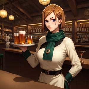 score_9, score_8_up, score_7_up, intricate details,1girl,  closed mouth, lips joo dee, dress, scarf, hair ornament, holding tray:1.2, tray, alcohol, dutch angle, bar, cowboy shot:1.2, bar, table, customers, kugisaki nobara, brown hair,