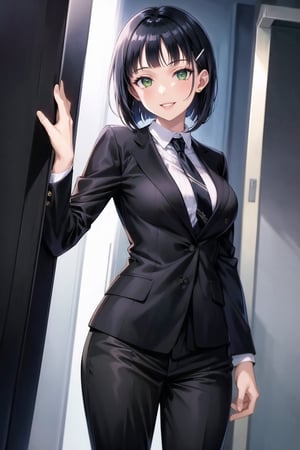 (best quality), (highly detailed), masterpiece, (official art), suguha, short hair, black hair, bob cut, hairclip, hair ornament, blunt bangs, lips, smile, necktie,pose,  black jacket,(black suit), open suit,  open jacket,long sleeves, shirt tucked in,looking at viewer, shirt, black necktie, white shirt, medium breasts,window, formal, office lady,pants, black pants, black belt, business suit, suit,  (intricately detailed, hyperdetailed), blurry background,depth of field, best quality, masterpiece, intricate details, tonemapping, sharp focus, hyper detailed, trending on Artstation,1 girl, solo,high res,official art