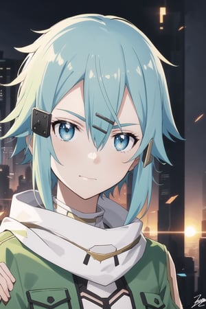 (best quality), (highly detailed), masterpiece, (official art), ((sinon1, cyberpunk, hair ornament, hairclip)), 1girl, portrait, bangs, blue eyes, blue hair, blurry, blurry background, fingerless gloves, green jacket, hair between eyes, hair ornament, hairclip, highres, jacket, long sleeves, outdoors, scarf, short hair, short hair with long locks, sidelocks, signature, sinon, solo, sunset, sword art online, turning head, half-open eyes, smug expression, speaking, 
