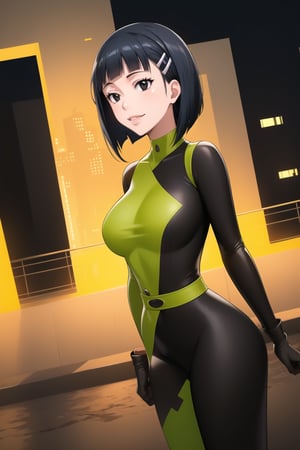 ((best quality)),  masterpiece, dynamic angle, (microchip), suguha, Bob cut, short hair, black hair, hair clip, black eyes, cyberpunk, paris, ruin,night ,(shegosuit) , (expressionless:1.2), smile, lips, scenery,  blurry background, 1 girl,  high res,  official art,empty eyes