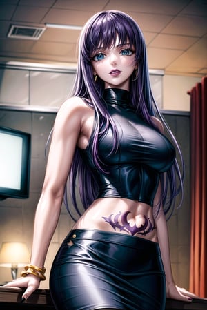 ((best quality)),  ((highly detailed)),  masterpiece,  ((official art)), (Saori, long hair, purple hair, blue eyes, earrings, jewelry),RockOfSuccubus, (lips:1.2), (black lips:1.3), black nails, (( arms_at_sides:1.2, hand_on_own_hip, head_tilt)),  (pubic tattoo:1.3), (latex:1.3), navel, midriff, sleeveless, bare shoulders, figure, turtleneck, ((black shirt)), (black pencil skirt), (office), lady office, , building, bracelet, parted lips, indoors, intricately detailed, hyperdetailed, blurry background, depth of field, best quality, masterpiece, intricate details, tonemapping, sharp focus, hyper detailed, trending on Artstation, 1 girl, high res, official art