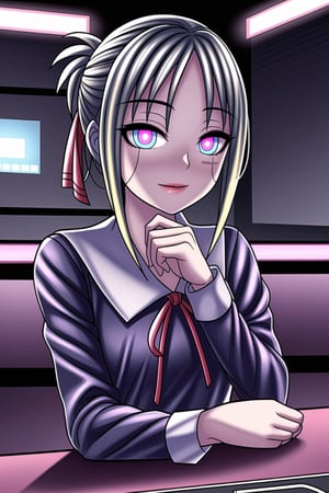 ((best quality)),  ((highly detailed)),  masterpiece,  ((official art)), aakaguya, short hair, folded ponytail, hair ribbon, parted bangs,, lips, (seductive smile,smirk) ,(Remodeling), (multicolored hair:1.3), (two-tone hair:1.3), (pink eyes, blue eyes), (glowing eyes), (android:1.2), (barcode:1.2), (doll joints:1.1), ((neck ribbon, red ribbon, black dress, black shirt, long sleeves, black sleeves)), (cyberpunk:1.2), school, (confident, sexy), chalkboard ,looking at viewer, classroom, girl, indoors,  dramatic reveal, suspenseful, urban environment, mysterious ambiance, dramatic lighting, cinematic scene, self-transformation, supernatural, otherworldly, metamorphosis, mystical, mystical energy, power awakening., intricately detailed, hyperdetailed, blurry background, depth of field, best quality, masterpiece, intricate details, tonemapping, sharp focus, hyper detailed, trending on Artstation, 1 girl, high res, official art,ai hayasaka,aahayasaka,aakaguya,Remodeling,<lora:659111690174031528:1.0>