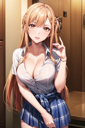 ((best quality)), ((highly detailed)), masterpiece, ((official art)), detailed face, beautiful face, (detailed eyes, deep eyes), seductive posing, (cowboy shot),asuna yuuki, long hair, brown eyes, orange hair, red hair, purple lips:1.2, 1girl, blonde hair, multicolored hair, bangs, one side up, long hair,  hairclip, jewelry, earrings, medium breasts, gyaru, cleavage, collarbone, school uniform, white shirt, short sleeves, bow, blue skirt, plaid skirt, sweater around waist, nail polish, blue nails, laughing, looking at viewer