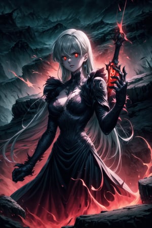 Elizabeth, black hair, lips, ruler of hell, stands as a malevolent dictator, her long hair flowing like darkness itself, gradient from white to dark, framing her cold gaze. Her elaborate gown, adorned with sinister symbols and glowing red accents, reflects her dominance and cruelty. The background features a hellish landscape: rivers of lava, jagged rocks, tormented souls, and dark clouds with lightning. Eerie, red and black glows illuminate the scene, capturing the dark and oppressive atmosphere of her dominion.