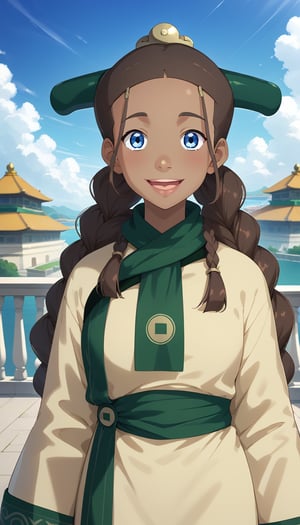 score_9, score_8_up, score_7_up, intricate details,1girl, long dress, green scarf, beige dress, joo dee, hair ornament, 1girl, solo, smile, open mouth, long hair, blue eyes, brown hair,  braid,  dark skin, dark-skinned female, outdoors, sky,  day, cloud,