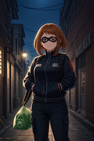 score_9, score_8_up, score_7_up, intricate details,1girl,  Ochako Uraraka, thief outfit, loose black jacket, cargo pants, wearing a domino mask, carrying a large money bag, exiting a bank vault, broken safe in the background, dark gloves, quick getaway, alarm lights flashing, dimly lit scene, red emergency lighting, cautious posture, money spilling from bag, night-time heist, dark alley, tense atmosphere,(ncursioDipDyedHair,red IncursioDipDyedHair