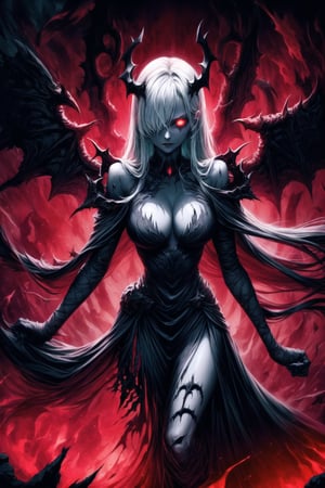 Elizabeth, white hair,hair_over_eye ,lips, ruler of hell, black wings,darkness wings,wings,demon wings,stands as a malevolent dictator, her long hair flowing like darkness itself, gradient from white to dark, framing her cold gaze. Her elaborate gown, adorned with sinister symbols and glowing red accents, reflects her dominance and cruelty. The background features a hellish landscape: rivers of lava, jagged rocks, tormented souls, and dark clouds with lightning. Eerie, red and black glows illuminate the scene, capturing the dark and oppressive atmosphere of her dominion.,shadow