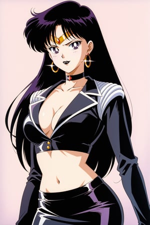 (masterpiece, best quality, very aesthetic, ultra detailed), lips, black lips:1.2, evil smile, evil, villain, corrupted, dark persona,intricate details, 4k, aamars, long hair, black hair,, black gloves, black jacket:1.2, black skirt:1.2, breasts, cleavage, closed mouth, collarbone, cowboy shot, ((black crop top)), hoop earrings, fingerless gloves, gloves, highres, black leather jacket, jewelry, , medium breasts, midriff, miniskirt, navel, pencil skirt, skirt, solo, standing, stomach, striped, striped bow, thigh strap,((retro anime style, detailed retro anime)), tiara, black choker