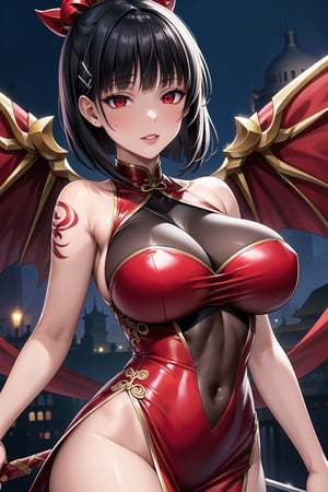 (best quality), (highly detailed), masterpiece, (official art),(suguha, short hair, black hair, bob cut, hairclip, hair ornament, blunt bangs), sword, holding weapon, holding sword,fantasy, fairy wings, green wings,,red lips, lips:1.3, huge brest, makeup:1.4,(((black hair, wavy hair, red dress, red eyes,red china dress))), ((bare shoulder,sleeveless,latex,bodysuit)),,looking at viewer, china, asiática, city, night, sky, (intricately detailed, hyperdetailed), blurry background,depth of field, best quality, masterpiece, intricate details, tonemapping, sharp focus, hyper detailed, trending on Artstation,1 girl, high res, official art,chinese dress,tattoos