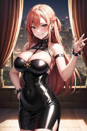 masterpiece,best quality,highres,ultra-detailed, asuna yuuki, long hair, orange hair, red hair, brown eyes,lips:1.2, (cross-laced clothes:1.3), narrow_waist:1.3, dominatrix:1.4 , (intricate Black dress:1.4), (pose:1.3), ,((smirk, grin, naughty face, seductive smile, smug)), (spiked bracelet), corset:1.4, (black hoop earring:1.3), curvaceous, voluptuous body, (latex:1.5), (black tube top:1.2), black choker, pencil skirt,  miniskirt, (black skirt),  black nails,large breasts:1.3,, (royal room:1.2),standing, StandingAtAttention,b1mb0,night club,lemon0021,,,RockOfSuccubus,asuna yuuki