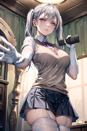 ((best quality)),  ((highly detailed)),  masterpiece,1girl, noelle_silva, silver hair,purple eyes, twintails, bangs, earrings, jewelry, ((remote_control, aiming_at_viewer, closed_mouth, sparkling_eyes, smug, shaded_face)),(large breasts), tokiwadai school uniform, sweater vest, short sleeves, ((white gloves, elbow gloves)), pleated skirt, white thighhighs ,1girl, lips:1.2, makeup:1.2, ((gyaru)) , looking at viewer, standing, cowboy shot, school, 