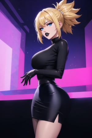 (best quality), (highly detailed), masterpiece, (official art),  kohaku, blonde hair, blue eyes, hair ornament, ponytail, solo,  lips:1.2, black lips:1.4, lipstick:1.2, skirt, black turtleneck shirt, black shirt, latex:1.2, gloves, pencil_skirt, shirt, black gloves, standing, looking at viewer, breasts, black skirt, looking at viewer, (/nightclub scene, neon lights), , club, (nigth club), ,hd quality, perfect face ,realistic, realistic body , perfect face sync,night club,StandingAtAttention,marinette,night club,b1mb0, 