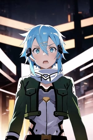 (best quality), (highly detailed), masterpiece, (official art), ((sinon1, cyberpunk, hair ornament, hairclip)), 1girl, upper body, bangs, blue eyes, blue hair, blurry, blurry background, fingerless gloves, green jacket, hair between eyes, hair ornament, hairclip, highres, jacket, long sleeves, outdoors, scarf, short hair, short hair with long locks, sidelocks, signature, sinon, solo, darkness, sword art online, turning head, ((open eyes, shocked expression,fear, horror, surprised:1.2)), open mouth,surprised look,surprised girl,