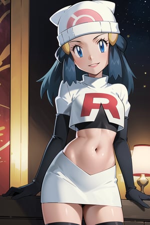 (best quality), (highly detailed), masterpiece, (official art),  dawn \(pokemon\), beanie, long hair, blue hair, blue eyes,, posing, lips,( evil smile), Team Rocket, cropped jacket, white jacket, crop top, jacket, gloves, black gloves, elbow gloves, navel, midriff, white skirt, miniskirt, skirt, thighhighs,, looking at viewer, china, asiática, city, night, sky, (intricately detailed, hyperdetailed), blurry background,depth of field, best quality, masterpiece, intricate details, tonemapping, sharp focus, hyper detailed, trending on Artstation,1 girl, high res, official art,1girl,dawn (pokemon)