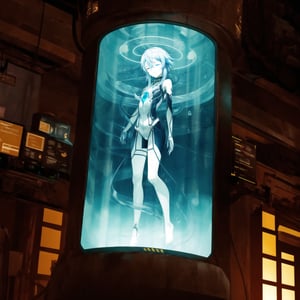 Within a futuristic laboratory, a cylindrical stasis chamber stands at the center of attention. The transparent glass cylinder, reinforced with metallic bands and glowing circuitry, contains Sinon's suspended form within a luminescent blue liquid. Her body floats effortlessly, surrounded by delicate streams of bubbles rising to the surface. Her blue hair drifts around her, gently moving with the currents in the chamber. Eyes closed, expression serene, she appears lost in a deep, dreamless sleep.

The laboratory surrounding her is cold and sterile, lined with high-tech equipment, monitors displaying vital signs, and holographic screens with intricate data readouts. Soft blue glow from the chamber and occasional flickers of holographic displays illuminate the room, casting an eerie atmosphere.

Shadowy figures of scientists and researchers can be seen through the glass, observing and recording data outside the chamber. Their faces are obscured, adding to the mystery and unease. The lab itself is vast, with other chambers visible in the background, hinting at a larger experiment.

Sinon's attire is minimal, designed for stasis, with her body partially covered by form-fitting, translucent fabric. Her pale skin contrasts with the deep blue of the liquid. A soft halo of light surrounds her head, signifying the delicate balance of the stasis.