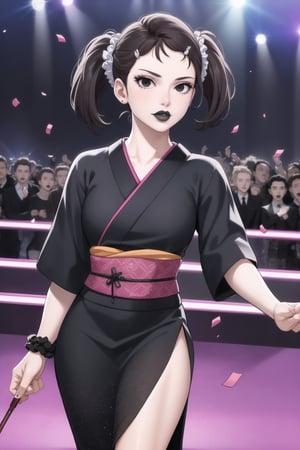 (best quality), (highly detailed), masterpiece, (official art),  becky blackbell, black hair, hair ornament, twintails, hairclip, scrunchie, hair scrunchie, lips:1.2, black lips:1.4, makeup:1.2, lipstick:1.2,  makeup, black eyes:1.2,black kimono,obi, dance,hand fan,white confetti,, looking at viewer, (/nightclub scene, neon lights)), , club, (nigth club), ,hd quality, perfect face ,realistic, realistic body , perfect face sync,night club,StandingAtAttention,night club,b1mb0, dancing:1.2,