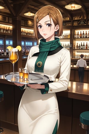 score_9, score_8_up, score_7_up, intricate details,1girl,  closed mouth, lips joo dee, dress, scarf, hair ornament, holding tray:1.2, tray, alcohol, dutch angle, bar, cowboy shot:1.2, bar, table, customers, kugisaki nobara, brown hair,