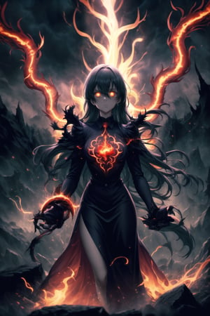 Wallpaper GFX of Elizabeth, ruler of hell, standing with malevolent authority. Her long black hair flows like tendrils of darkness, with a gradient shifting from white to deep black at the ends, giving a spectral effect. She wears a dark, elaborate gown adorned with glowing red symbols of cruelty and power. Her cold, piercing gaze is framed by her dark, demon wings, which spread wide, made of both black feathers and shadowy, ethereal mist. Behind her is a hellish landscape: rivers of glowing lava snake through jagged rocks, while tortured souls wail in the distance. The sky above is filled with dark clouds, crackling with red lightning that illuminates the scene in bursts. Around her, red and black glowing energy pulses and swirls, creating an ominous aura. The overall visual is accented by glowing embers, flickering flames, and smoky tendrils rising from the scorched earth, enhancing the atmosphere of dark dominion and power.