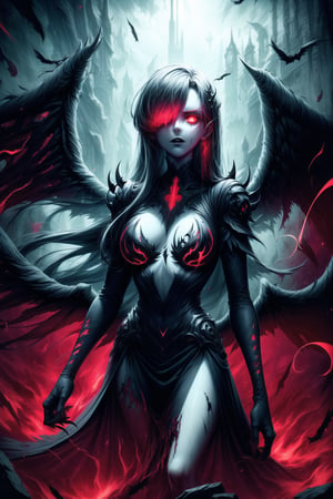 Elizabeth, white hair,hair_over_eye ,lips, ruler of hell, black wings,darkness wings,wings,demon wings,stands as a malevolent dictator, her long hair flowing like darkness itself, gradient from white to dark, framing her cold gaze. Her elaborate gown, adorned with sinister symbols and glowing red accents, reflects her dominance and cruelty. The background features a hellish landscape: rivers of lava, jagged rocks, tormented souls, and dark clouds with lightning. Eerie, red and black glows illuminate the scene, capturing the dark and oppressive atmosphere of her dominion.,shadow