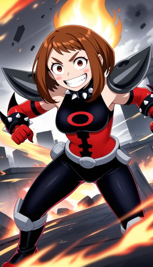 score_9, score_8_up, score_7_up, intricate details,1girl, ochako uraraka, solo, short brown hair, bob cut, evil grin, sharp teeth, malicious expression, crazy eyes, constricted pupils, black sclera,  spiked gauntlets, oversized grenade bracers, black combat boots, orange belt,  sinister expression, wearing black leather corset, tight dark outfit, spiked shoulder pads, thigh-high boots, high heels, exposed midriff, body harness, leather straps, sharp claws, metallic accessories, explosive accessories, spiked collar, villain aura, standing pose, flames in background, explosions, smoke, dark atmosphere, anime style, dynamic lighting, glowing embers, chaotic energy, destruction, confident stance, sadistic grin, villainous attitude