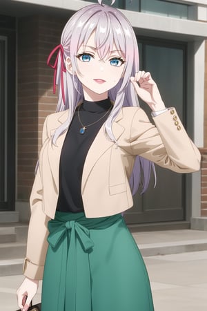  (best quality), (highly detailed), masterpiece, (official art), 1girl, solo, alya, long hair, grey hair, blue eyes, hair between eyes, hair ribbon, red ribbon, ahoge, lips , smile, pose, jewelry, long sleeves, open clothes, necklace, bag, green skirt, brown jacket, handbag, sweatdrop, sweater, open jacket, turtleneck, pendant, brown jacket, shopping