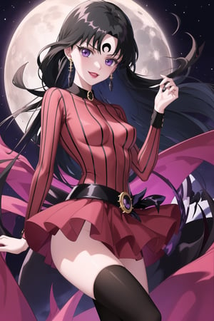 (best quality), (highly detailed), masterpiece, (official art),sama1, long hair, black hair, bangs , makeup, ((black moon, forehead mark, crescent facial mark, black crystal earrings)), jewelry, evil smile, lips, lipstick, posing, anime coloring, bodysuit, koan:1.2, sweater, striped, purple collar:1.2, long sleeves, layered skirt:1.2, stockings:1.3, forehead jewel