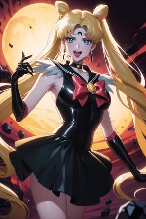 (best quality), (highly detailed), masterpiece, (official art),aausagi, double bun, twintails, parted bangs. blonde hair, makeup, ((forehead mark, crescent facial mark, black crystal earrings)), aged up, evil smile, lips, lipstick, open mouth, sailor moon, black sailor, choker, red bow, black gloves, elbow gloves, blue skirt, latex, A dark and mysterious female character inspired by the style of classic anime. She has an evil face with an evil smile, giving her an imposing and intimidating presence. The overall atmosphere is dark and mysterious, with a sense of power and control emanating from her posture.