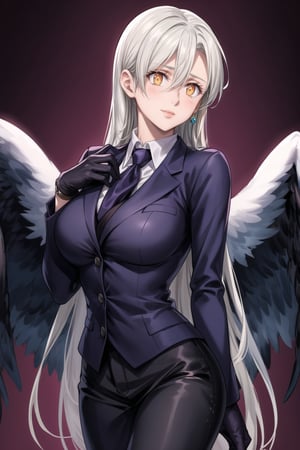 Elizabeth with long white hair and glowing eyes, lips:1.2, smile, black gloves, black jacket, black necktie, black pants, black suit, bracelet, collared shirt, cropped leg, formal, gloves, grey shirt, highres, jacket, jewelry,  lapels,, long sleeves, looking at viewer, necktie, pants, shirt,  solo, suit,  wing collar. exuding an air of authority and elegance. Her hair falls gracefully over her eyes, partially obscuring them, while her expression remains calm and composed.
She stands with an aura of power and confidence, looking directly at the viewer with an expressionless face. Her wings are subtly visible behind her, adding an ethereal touch to her otherwise professional appearance.