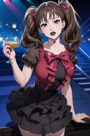 (best quality), (highly detailed), masterpiece, (official art),  diane,twintails, brown hair ,purple eyes, solo,  lips:1.2, black lips:1.4, lipstick:1.2, beautiful 1girl wearing a earthy red (idol dress) ,layered skirt, frills, ribbon, bow, sequins, looking at viewer, (/nightclub scene, neon lights), , club, (nigth club), ,hd quality, perfect face ,realistic, realistic body , perfect face sync,night club,StandingAtAttention,marinette,night club,b1mb0,