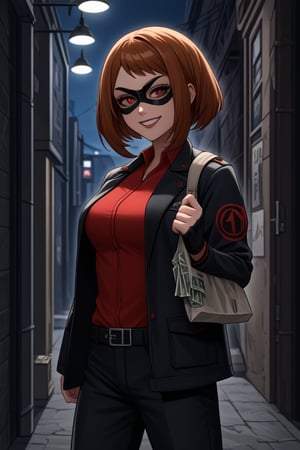 score_9, score_8_up, score_7_up, intricate details,1girl, malicious expression, sadistic grin, villainous attitude,lips, black lips, grin, red eyes, smirk, evil smile,1girl, Ochako Uraraka, black hair with red tips, bank heist, thief outfit, loose black jacket, cargo pants, wearing a domino mask, holding bag of money, holding handgun, gun, handgun, bank robbery, levitating money bags, vault door open, thief outfit, loose black jacket, cargo pants, wearing a domino mask, carrying a large money bag, exiting a bank vault, broken safe in the background, dark gloves, quick getaway, alarm lights flashing, dimly lit scene, red emergency lighting, cautious posture, money spilling from bag, night-time heist, dark alley, tense atmosphere,(ncursioDipDyedHair,red IncursioDipDyedHair