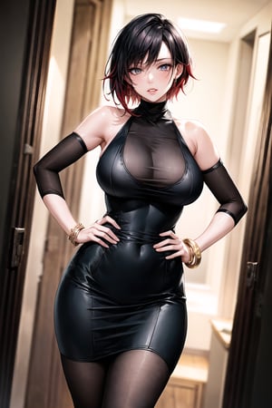 ((best quality)),  ((highly detailed)),  masterpiece,  ((official art)), (ruby rose), hand on hip,  lips, sleeveless, bare shoulders, figure, turtleneck, black pencil skirt, office, lady office, black dress, building, bracelet, parted lips, cellphone picture, indoors, intricately detailed, hyperdetailed, blurry background, depth of field, best quality, masterpiece, intricate details, tonemapping, sharp focus, hyper detailed, trending on Artstation, 1 girl, high res, official art,