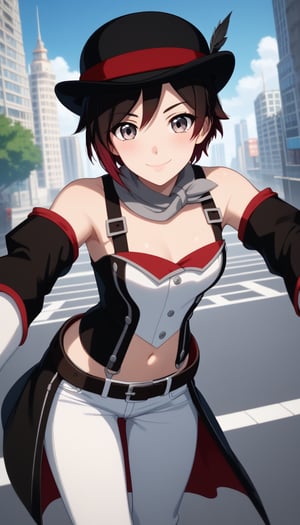 score_9, score_8_up, score_7_up, intricate details, ruby rose, short hair, black hair, red hair, grey eyes,gloves, hat, navel, brown eyes, detached sleeves, midriff, belt, pants, white gloves, black headwear, bowler hat,, cityscape, street, bent over, smile, looking at viewer, solo, cowboy shot, dutch angle