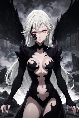 monochrome,greyscale,(tattoo,facial mark,aura,glowing,bodypaint,smoke,dark aura:1.2),1girl,long hair,medium breasts,black hair,angry,purple eyes,wings,claws,looking at viewer,nude,censored,armor,convenient censoring,Elizabeth, black hair, lips, ruler of hell, stands as a malevolent dictator, her long hair flowing like darkness itself, gradient from white to dark, framing her cold gaze. Her elaborate gown, adorned with sinister symbols and glowing red accents, reflects her dominance and cruelty. The background features a hellish landscape: rivers of lava, jagged rocks, tormented souls, and dark clouds with lightning. Eerie, red and black glows illuminate the scene, capturing the dark and oppressive atmosphere of her dominion.