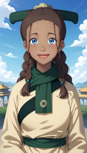 score_9, score_8_up, score_7_up, intricate details,1girl, long dress, green scarf, beige dress, joo dee, hair ornament, 1girl, solo, smile, open mouth, long hair, blue eyes, brown hair,  braid,  dark skin, dark-skinned female, outdoors, sky,  day, cloud,